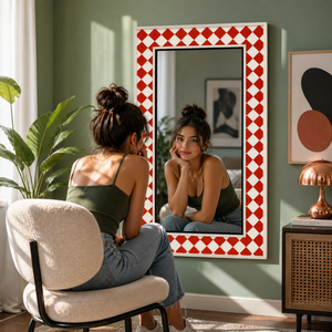 Luxury Large Decorative <b>Wall</b> <b>Mirror</b> | Vintage French Style Home Decor | Handcrafted Designer Accent <b>Mirror</b> Red White Pattern - Product Image 1