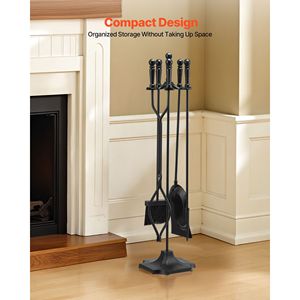 Set di Attrezzi per Caminetto 5 Pezzi con Supporto in Ferro Battuto, Pinze, Paletta, Spazzola, Braciere e Porta Legna - Product Image 5