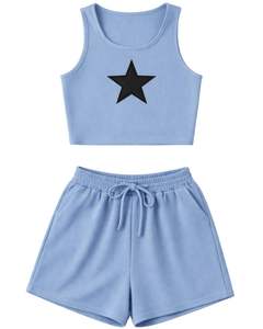 Conjunto de Top Corto Acanalado y Pantalones Cortos con Cordón para Mujer, Azul Cielo con Estrella Negra, Atuendo Casual de Dos Piezas para Descansar, Venta al por Mayor Personalizada - Product Image 1