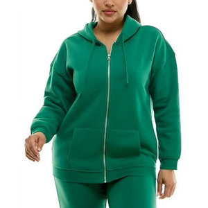 Sweat-shirt à capuche zippé pour femme, vert, doublure douce en mélange de coton et polaire, manches longues, couleur unie, pour l'automne/hiver/printemps - Product Image 1