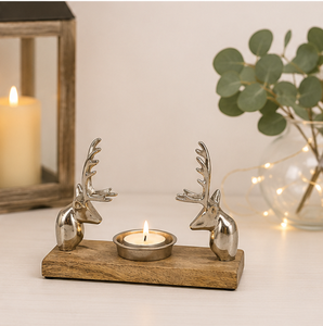 Handmade Silver Aluminum Reindeer Head Candle Holder With Solid Mango Wood Base Modern Rustic Tealight <b>Stand</b> For Christmas Table - Product Image 3