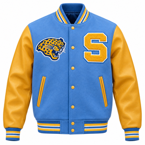 เสื้อแจ็คเก็ตวาร์ซิตี้ Southern University Jaguars แบบสั่งทำพิเศษ HBCU ปักอักษรเชนิลล์ สีน้ำเงินทอง แขนหนังขนสัตว์ ขายส่ง - Product Image 1