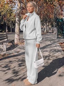 Ensemble de détente 2 pièces pour femme en molleton, sweat-shirt et pantalon de survêtement à jambes larges, couleur unie, décontracté, toutes saisons, avec fermeture éclair et cordon de serrage - Product Image 5