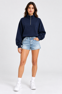 <b>Women's</b> <b>Navy</b> Blue Quarter-Zip Pullover Sweatshirt – High Neck Casual Oversized <b>Fleece</b> Top Stand Collar <b>Fleece</b> Pullover Top - Product Image 3