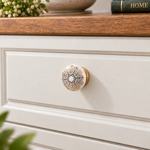 Bouton de meuble décoratif en céramique 38 mm, poignée de tiroir florale ivoire-brun-doré avec base métallique pour meubles - Product Image 1