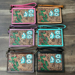 Luxury Turquoise Floral & Cactus Pattern Hand Full Tooled Genuine Leather Western Style Zipper Pouch ATM <b>Credit</b> <b>Card</b> <b>Holder</b> - Product Image 4