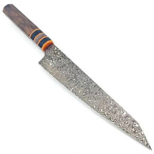 Cuchillo de chef de acero de Damasco con mango de madera y detalles naranjas - Product Image 5