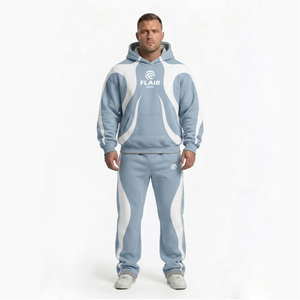 Ensemble de survêtement en molleton bleu ciel pour homme, avec logo personnalisé, sweat à capuche et pantalon de jogging, panneaux contrastants, style streetwear, ensemble deux pièces - Product Image 1