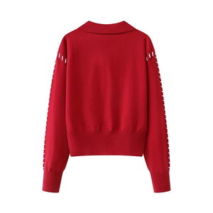 Elegant Women's Single-Bretted Sweater <b>Long</b> Red Knit <b>Cardigan</b> <b>with</b> Button up Collar Solid Pattern - Product Image 2