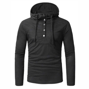 Camiseta de Manga Larga con Capucha para Hombre, Color Sólido, Cierre de Botones, Corte Ajustado, Informal, Tejido de Punto, Algodón, Otoño 2026 - Product Image 1
