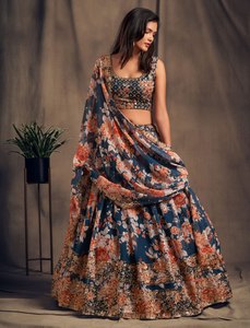 Floral Print Bridesmaid <b>Lehenga</b> Set Sleeveless Scoop Neck Blouseh Dupatta Floor-Length A-Line Chiffon Wedding Party Dress - Product Image 3