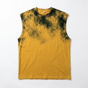 Men's Sleeveless Dip Dye Tank <b>Top</b> O-Neck Cotton Muscle Tee Casual Breathable Yellow Black Print Knitted Style - Product Image 5