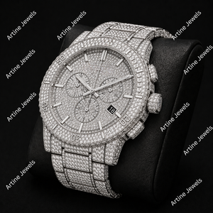 Montre chronographe en argent sertie de cristaux, style diamant, montre-bracelet de luxe pour homme - Product Image 2