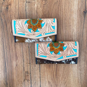 High Quality Carving Hand Tooled Wallet Clutch Phone Case Stylish Multi Uses Western Leather Turquoise Color Wallet for <b>Women</b> - Product Image 2