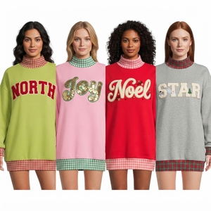 Sweat-shirt à col montant brodé motif châtaigne pour femme, pull en coton tricoté d'hiver, bordure à carreaux vichy vert, motif lettres - Product Image 2