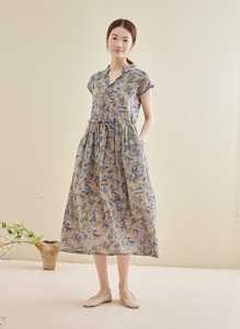 Vestido Casual Holgado sin Cuello con Estampado Floral, Manga Corta, Largo hasta la Rodilla, Tipo Camisero, con Cintura Ajustable, 100% Algodón Tejido, ODM, Ropa de Playa para Verano - Product Image 4