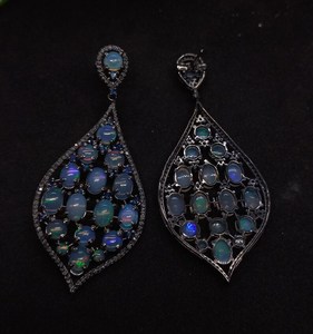 Ethiopian Opal Diamond Earring Pave Diamond Earrings 925 Sterling Silver Handmade <b>Oxidized</b> Dongle Diamond Earring Gift For Her - Product Image 2
