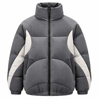 Blouson matelassé unisexe gris à col montant, fermeture éclair, coupe-vent, en polyester épais, décontracté pour l'hiver, coupe ample, design color block
