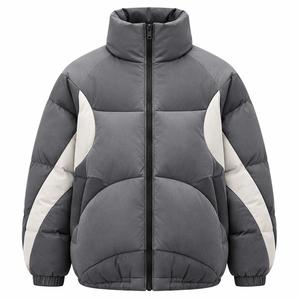 Blouson matelassé unisexe gris à col montant, fermeture éclair, coupe-vent, en polyester épais, décontracté pour l'hiver, coupe ample, design color block - Product Image 1