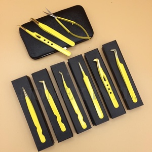 Juego de 6 piezas de etiqueta privada Pinzas de pestañas de volumen de cejas de acero inoxidable sostenible Espejo de extensión de pestañas de punto dorado amarillo - Product Image 5