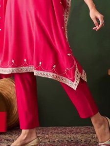 Women's Pink Kaftan Embroidered <b>Silk</b> <b>Kurta</b> Set With Trouser Traditional Loose Fit Knee Length Casual Wear India Pakistan Style - Product Image 6