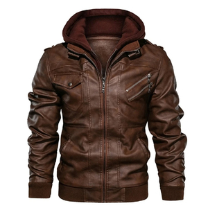 Chaqueta de moto con capucha de cuero PU marrón para hombre, con cierre de cremallera y bolsillos, estilo otoñal, corte ajustado - Product Image 3