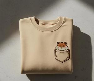 Sudadera Beige para Hombre con Bordado de Hámster, Diseño de Animal con Bolsillo, Cuello Redondo, Algodón, Estilo Casual para Uso Diario - Product Image 1