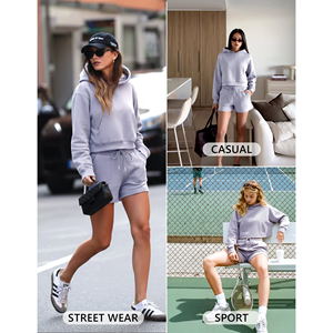 Ensemble de survêtement court personnalisé pour femme, jogging, fitness, coupe ajustée, 100 % coton, grande taille, ensemble deux pièces short et sweat à capuche pour femme - Product Image 4