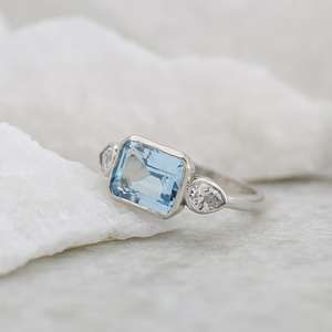 Anillo de compromiso de aguamarina con corte esmeralda, forma de pera, gema azul, anillo de plata de ley 925, anillo de promesa de boda para mujer - Product Image 2
