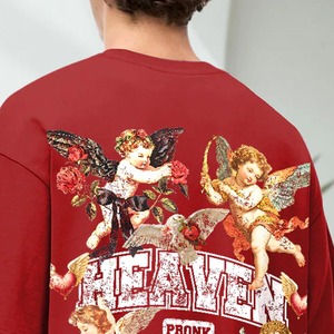 เสื้อยืดโอเวอร์ไซส์สีแดงพิมพ์ลาย Heaven สำหรับผู้ชาย แขนสั้น คอกลม ผ้าคอตตอนเจอร์ซีย์ สไตล์สตรีทแวร์ - Product Image 2