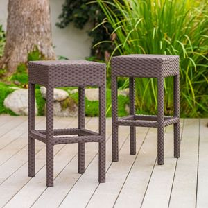Set di 2 sgabelli da bar senza schienale in rattan PE marrone scuro per esterni, comode sedie - Product Image 4