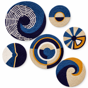 Juego de 6 piezas de arte mural bohemio de yute personalizable, decoración redonda tejida en espiral en azul, azul marino y mostaza para venta al por mayor - Product Image 3
