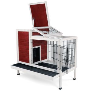 Gabbia per conigli a due piani per piccoli animali, da interno/esterno, in legno, con vassoio in plastica a prova di perdite e passerella, colore rosso, arredo per animali domestici - Product Image 5