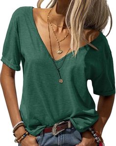 Camiseta de Verano Ecológica para Mujer, Cuello en V, Corte Holgado, con Estampado, Transpirable y de Secado Rápido, Manga Corta, Informal - Product Image 1