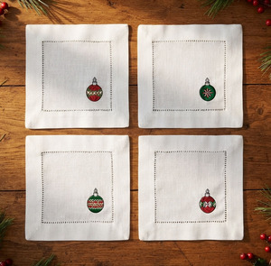 Serviettes de cocktail à motifs de Noël 6x6' en lin blanc avec ourlet festonné, broderies décoratives pour la maison, les fêtes et les événements - Product Image 1