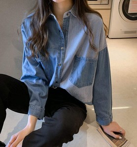 Women Denim <b>Shirt</b> Long Sleeve Button Down Striped <b>Patchwork</b> Casual Loose Fit Top With Pockets All Seasons Wear - Product Image 1