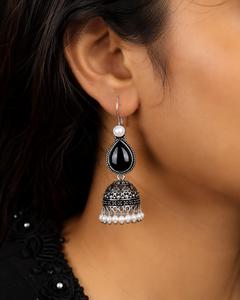 Black Onyx Pearl Oxidized Jhumka <b>Earrings</b> | Vintage Teardrop Bell <b>Earrings</b> for Women - Product Image 6