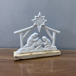 White Nativity Scene Figurine with Star Top Tabletop Religious Decoration <b>Christmas</b> Living Room Modern Aluminium/Wood Sculpture - Product Image 4
