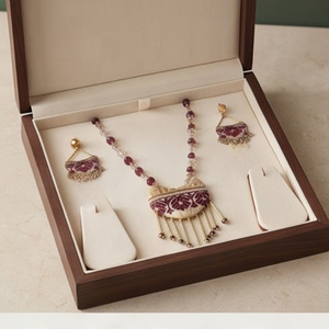 Traditional Muga Silk <b>Necklace</b> <b>Set</b> with Burgundy Textile Pendant and Matching Earrings | Handcrafted <b>Indian</b> Ethnic Jewellery - Product Image 1