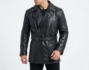 Custom OEM Men Motorcycle Leather Jacket Vintage Belted Black Genuine Cowhide Biker <b>Coat</b> <b>Zipper</b> Men Leather Jacket - Product Image 4