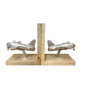 Wood and Aluminium Bookends Aeroplan Design Superior Quality Silver and Brown Color Book Holder Use for Hotel Home <b>Decoration</b> - Product Image 1