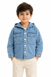 Chaqueta de Mezclilla con Capucha para Niños, Chaqueta Casual Azul con Botones, Abrigo con Capucha de Algodón Suave, Ropa Exterior Ligera para Niños - Product Image 1