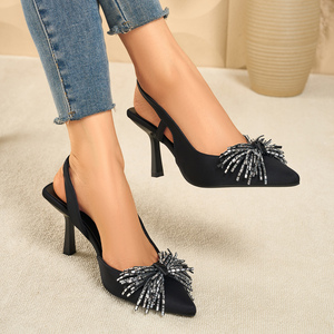 Rhinestone Firework Slingback Stilettos - Black Satin High Heel <b>Sandals</b> for Women - Product Image 2