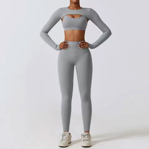 Conjunto Deportivo para Mujer, Ropa de Yoga, Ropa Deportiva, Leggings Deportivos, 3 Piezas, Sujetador Deportivo, Top Corto, Manga Larga, Yoga - Product Image 6