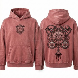 Sweat à capuche vintage rose terre cuite pour homme, motif graphique personnalisé horloge steampunk et chauve-souris, coupe oversize, épais, délavé à l'acide, fabricant - Product Image 1