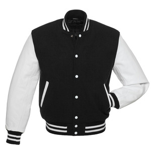 <b>Winter</b> Essential Genuine <b>Leather</b> Bomber Varsity <b>Jacket</b> for Men with black wool body and <b>leather</b> sleeves - Product Image 1