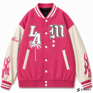 Veste universitaire SINEWY SPORTS Rose Madder avec manches crème, motif brodé palmier et lettres LA, style preppy unisexe, pour l'automne - Product Image 1