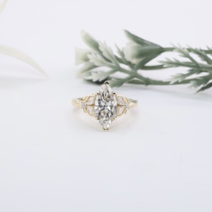 Vintage Yellow Gold Marquise Cut Lab Grown Diamond Antique Floral Cluster <b>Crown</b> Setting Cluster Side Stones Unique Proposal <b>Ring</b> - Product Image 1