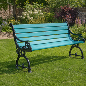 Banc de jardin en bois turquoise avec structure en fonte noire, mobilier d'extérieur pour patio et parc, style vintage avec accoudoirs à motifs, qualité supérieure - Product Image 3
