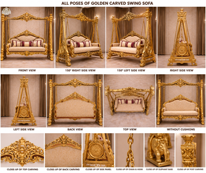 Majestic Look Hand Carved Maharaja <b>Swing</b> Luxury Palace Style Teak Wood Jhula Traditional Golden Indoor <b>Swing</b> <b>For</b> Big Mansion - Product Image 6